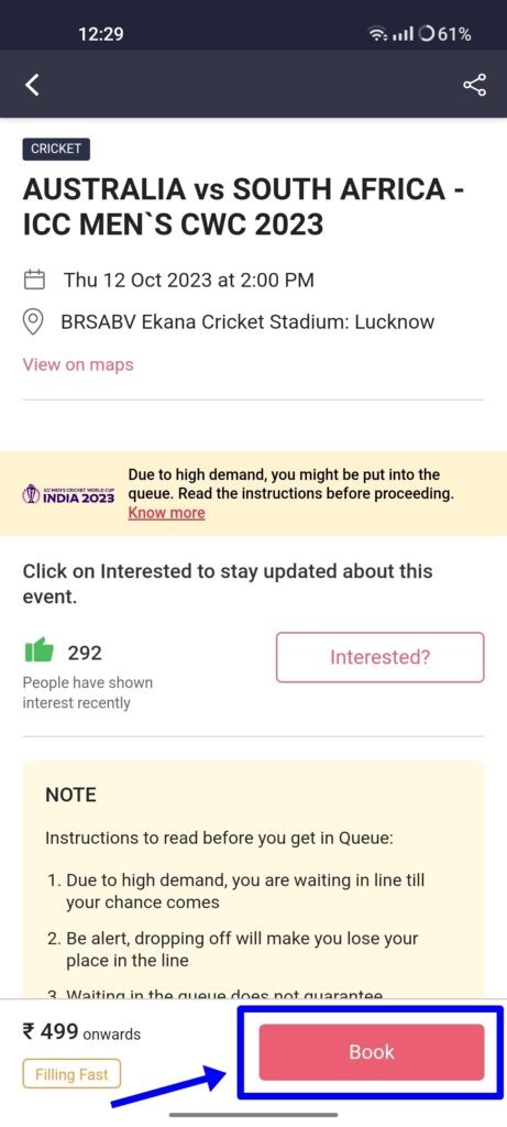 Step 5: Select the match you wish to go and press Book on the next screen
