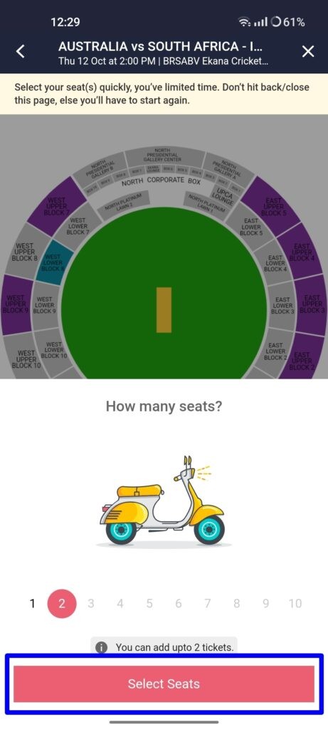 Step 6: Select the number of seats by hitting Select Seats. Only two seats can be booked at once